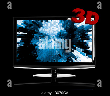 Modern 3D LED TV isolated on black showing a 3D movie Stock Photo