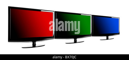 Three lcd TV's showing the RGB colors; red, green and blue. Stock Photo