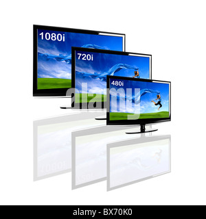 Comparison between 3 TV showing the same image in different resolutions and sizes Stock Photo