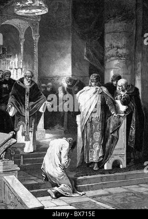 Otto I 'the Great', 23.11.912 - 7.5.973, Holy Roman Emperor 2.2.962 - 7.5.973, forgiving his brother Henry, chapel of the Frankfurt Palace, Christmas 941, wood engraving after drawing by A. Zick, 19th century, , Stock Photo