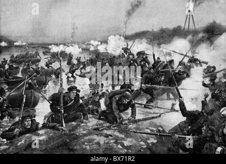 events, Second War of Schleswig 1864, Battle of Als, 29.6.1864, Prussian troops crossing the Alssund and landing on Als Island, print after painting by Ernst Zimmer (1864 - 1924),Danish Prussian War, Germany, Denmark, Prussia, battle, soldiers, landing, warfare, historic, historical, Als, sound, Alsen, Sund, 19th century, Wars of German Unification, fight, fighting, rifles, attack, attacking, assault, infantry, people, Additional-Rights-Clearences-Not Available Stock Photo