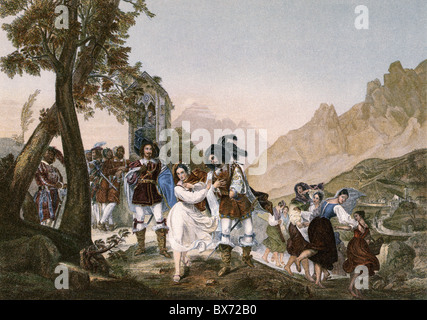 Manzoni, Alessandro, 7.3.1785 - 22.5.1873, Italian author / writer (poet), works, 'I Promessi Sposi' (The Betrothed), scene: Don Rodrigo speaking to Lucia, print after wall painting by Nicola Cianfanelli (1793 - 1848), Palazzo Pitti, Florence, Stock Photo