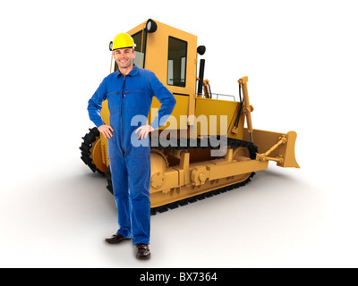 Workman and a yellow bulldozer with a white background Stock Photo
