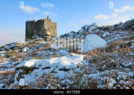 Carn Brea Castle / Restaurant captured after a heavy snow fall Stock Photo