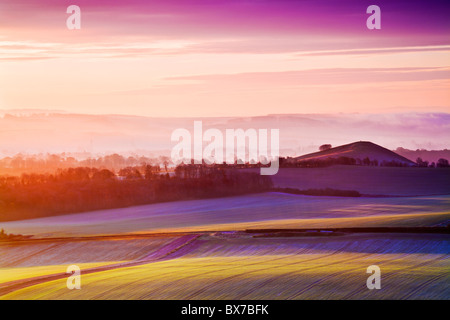 Frosty winter sunrise from Walker's Hill over the Vale of Pewsey in Wiltshire, England, UK Stock Photo