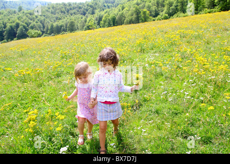 sister girls in meadow playing with spring flowers outdoor Stock Photo