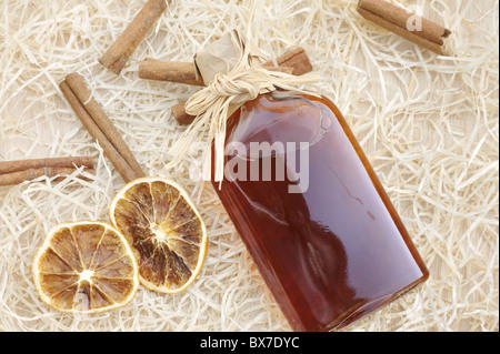 Homemade liqueur with spices – still life - from above Stock Photo