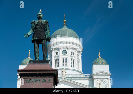 The statue of Emperor Alexander II in Senate Square in front of Helsinki Cathedral in Helsinki, Finland. Stock Photo