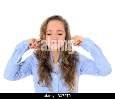 Fall on deaf ears of an attractive young girl . All on white background. Stock Photo
