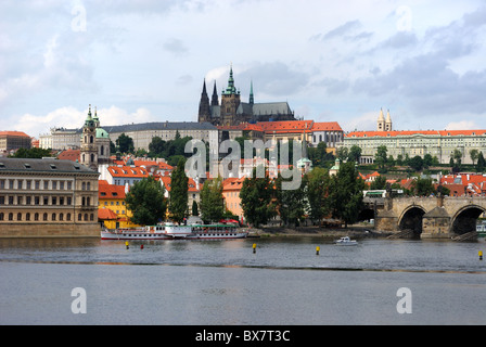 skyline of prague, czech republic from across the vltava river with prague castle in view Stock Photo