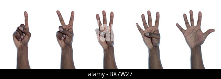 A dark-skinned hand counting from one to five. All on white background. Stock Photo