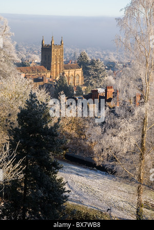 Great Malvern Priory Church, Worcestershire, UK, in wintry, frosty conditions Stock Photo