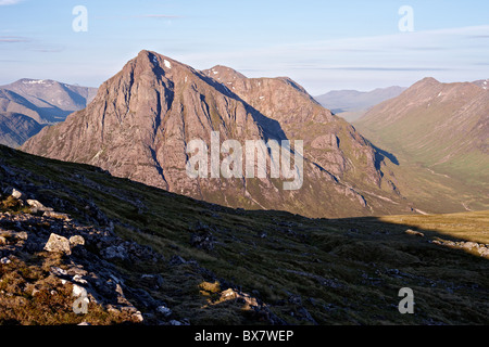 Early morning light on Buachaille Etive Mor and the Lairig Gartain from the summit of Beinn na Chrulaiste Stock Photo