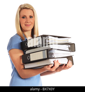 Attractive young woman carrying documents. All on white background. Stock Photo