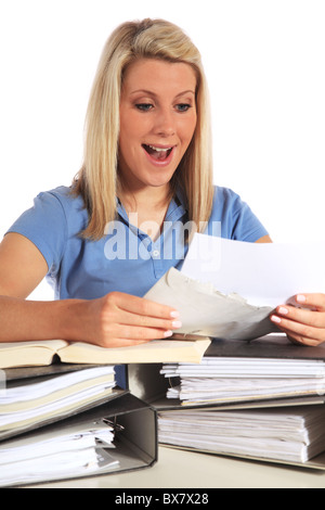 Attractive young student getting good news via mail. All on white background. Stock Photo