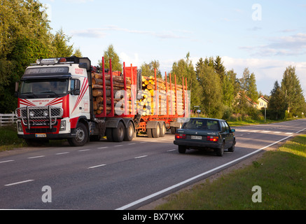 Finnish logging truck parked at road stop , Finland Stock Photo