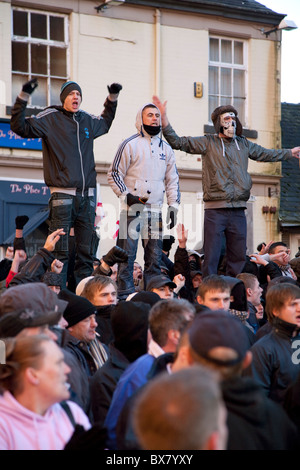 English Defence League EDL protesters gather during an anti islamic protest march in preston UK Stock Photo