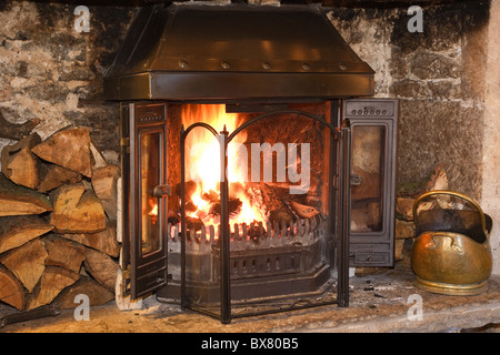 Open log fire with logs burning and fireguard on the hearth in cosy warm domestic living room. England, UK, Britain Stock Photo