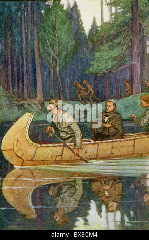 Hennepin (middle in canoe)accompanied the French explorer Rene Robert Cavelier (Sieur de La Salle) on a trip through New France. Stock Photo