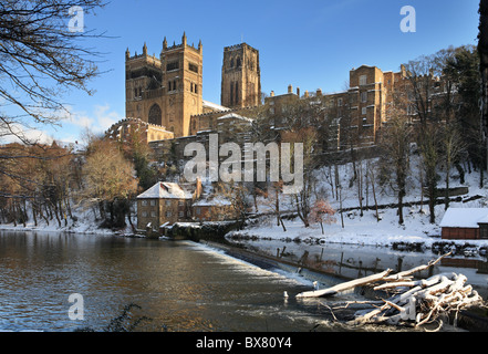 Durham cathedral and fulling mill seen across the river Wear in wintertime. Durham, England, UK Stock Photo