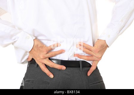 Businessman suffering from backache. All on white background Stock Photo
