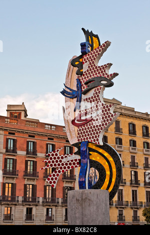 Head of Barcelona Sculpture (Cara de Barcelona) by Roy Lichtenstein Place d'Antoni Lopez, Paseo de Colón, Barcelona, Spain Stock Photo