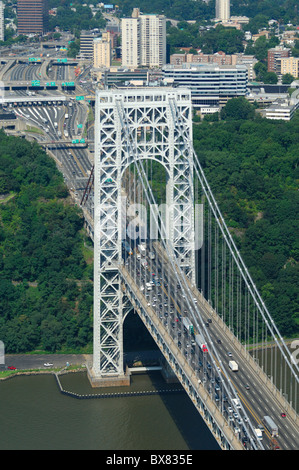 Aerial view of George Washington bridge over Hudson river, Fort Lee border, New Jersey state, North America, USA Stock Photo