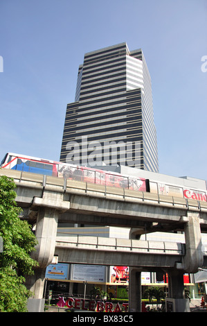 Skytrain BTS and skyscraper, Siam Square, Pathum Wan District, Bangkok, Thailand Stock Photo