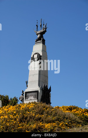 1914 Battle of the Falkland Islands Memorial with flowering gorse, Stanley, Falkland Islands Stock Photo