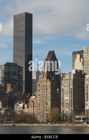 The skyline of the East Side of Manhattan, including the Trump World Tower, as seen from Roosevelt Island in New York City. Stock Photo