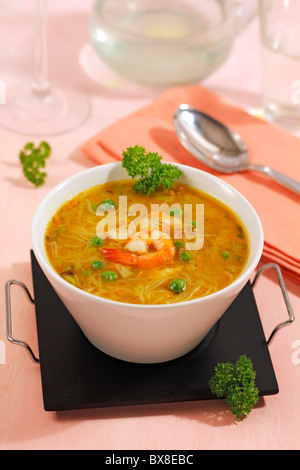 Fish soup with Chinese noodles. Recipe available. Stock Photo