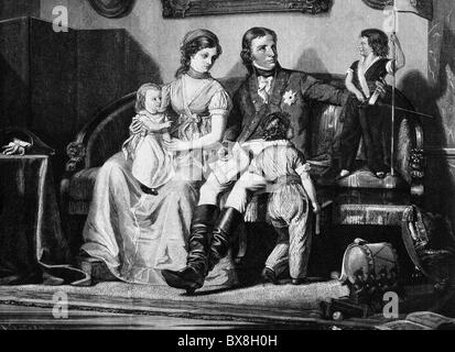 Frederick William III, 3.8.1770 - 7.6.1840, King of Prussia 1797 - 1840, with his wife Louise and his children Charlotte, Frederick William and William, 1800, wood engraving, 19th century, Stock Photo