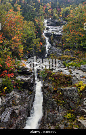 Autumn Color Surrounding Silver Cascade in Crawford Notch State Park in Carroll County, New Hampshire Stock Photo