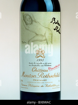 Rare and original bottles of Chateau Mouton Rothschild red wine with the label and artwork designed by the famous artist Balthus Stock Photo