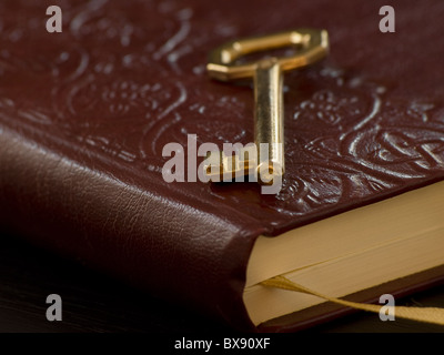 golden key on the diary, closeup and shallow DOF,for security,access, or secret themes Stock Photo