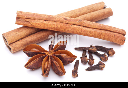 Cloves, anise and cinnamon isolated on white background. Stock Photo