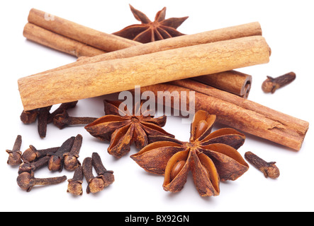 Cloves, anise and cinnamon isolated on white background. Stock Photo