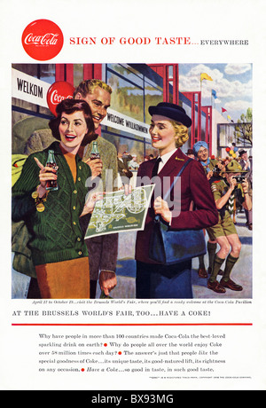 Classic Coca Cola colour advert featuring illustration of Brussels World's Fair in American magazine circa 1958 Stock Photo