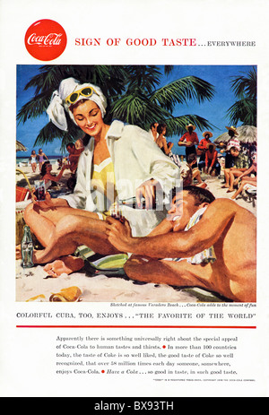 Classic Coca Cola colour advert featuring illustration of Varadero Beach Cuba in American magazine circa 1958 Stock Photo
