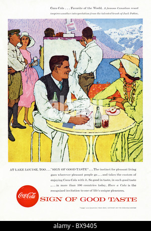 Classic Coca Cola colour advert featuring painting of Canadian Resort Lake Louise by artist Jack Potter in American magazine Stock Photo