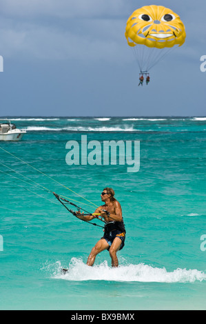 Kiteboarding or kitesurfing on Orient Beach St. Martin st Maarten Stock Photo
