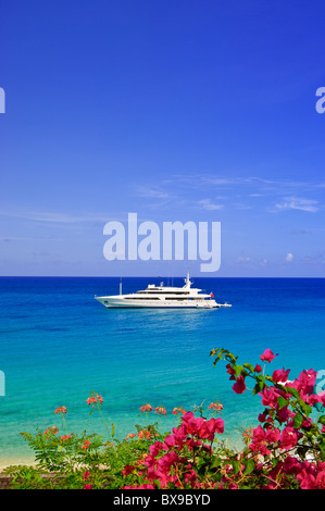 Luxury yacht off Baie Longue Long Bay beach St Maarten, St Martin Caribbean Stock Photo