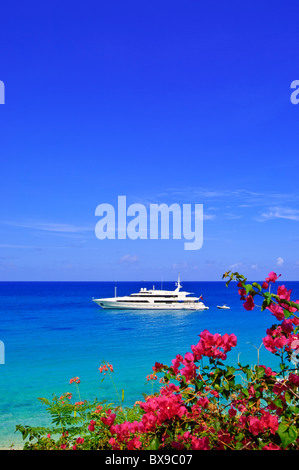 Luxury yacht off Baie Longue Long Bay beach St Maarten, St Martin Caribbean Stock Photo