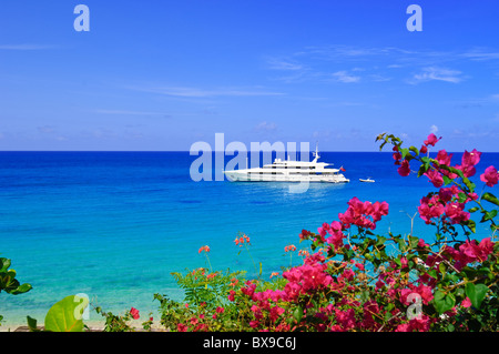 Luxury yacht off Baie Longue Long Bay beach St Maarten, St Martin Caribbean Stock Photo