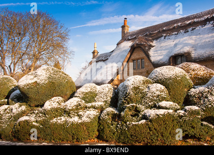 A thatched cottage covered in snow on the edge of the Cotswold village of Chipping Campden. England Stock Photo