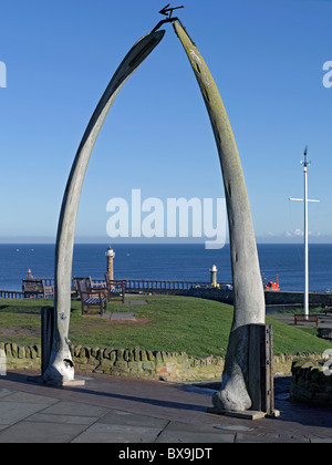 Looking through whale bone whalebone arch in winter West Cliff Whitby North Yorkshire England UK United Kingdom GB Great Britain Stock Photo