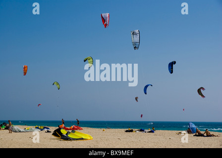 Andalusia, Costa De La Luz, Tarifa Beach, Kitesurfing Stock Photo
