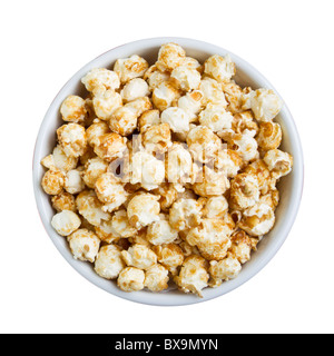 overhead view of bowl of popcorn isolated on white. Stock Photo