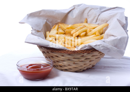 a portion of chips and ketchup, white background Stock Photo