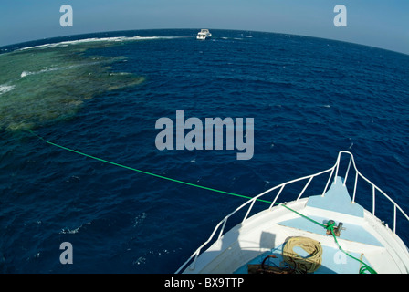 Diver's cruise boat moored on a coral reef surrounded by the deep blue sea, Red Sea, Egypt. Stock Photo